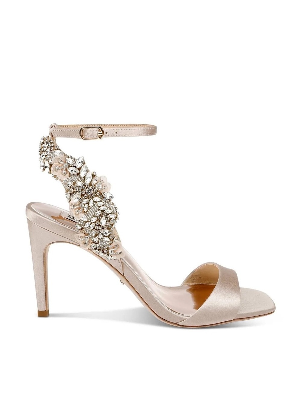Badgley Mischka Tisha Embellished Heeled Sandals in Nude Satin, Size 8 NEW $245